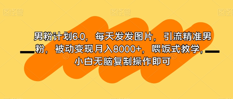 男粉计划6.0,每天发发图片,引流精准男粉,被动变现月入8000+,喂饭式教学,小白无脑复制操作即可-第一资源库
