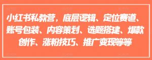 小红书私教营，底层逻辑、定位赛道、账号包装、内容策划、选题搭建、爆款创作、涨粉技巧、推广变现等等-第一资源库
