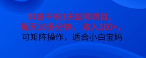 抖音干粉3天起号项目,每天10多分钟,收入100+,可矩阵操作,适合小白宝妈-第一资源库