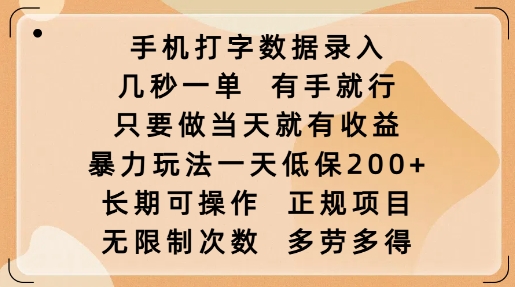 手机打字数据录入，几秒一单，有手就行，只要做当天就有收益，暴力玩法一天低保2张-第一资源库