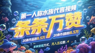 第一人称水族代言视频，条条万赞，20条作品涨粉7.8W，多种变现方式月入五位数-第一资源库