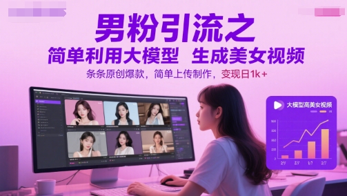 男粉引流之简单利用大模型生成美女视频，条条原创爆款，简单上传制作，变现日1k+-第一资源库