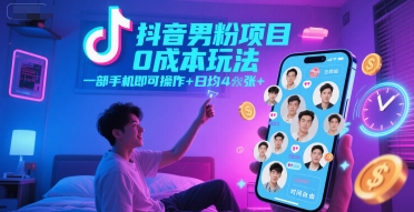抖音男粉项目0成本玩法，一部手机即可操作，日均4张+，时间自由-第一资源库