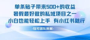 单条贴子带来5张的收益，暑假最好做的私域项目之一，小白也能轻松上手，有小红书就行-第一资源库