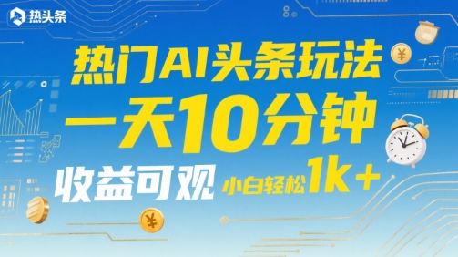 热门AI头条玩法,一天10分钟,收益可观,小白轻松日入1k+【揭秘】-第一资源库