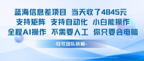 蓝海信息差项目当天收米1k+ 支持矩阵支持自动化小白能操作全程AI操作不需要人工你只要会电脑-第一资源库