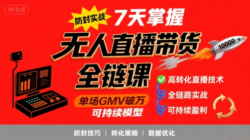 无人直播带货全链防封实战课,7天掌握高转化直播技术,实现单场GMV破万可持续模型-第一资源库