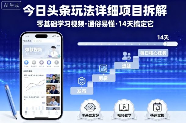 今日头条玩法详细项目拆解，零基础学习视频 通俗易懂 14天搞定它-第一资源库