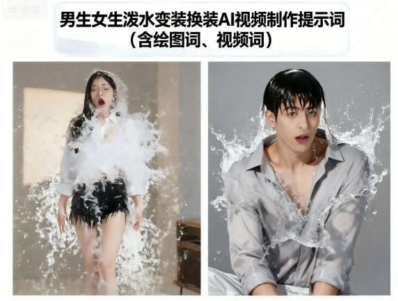 男生女生泼水变装换装AI视频制作提示词(含绘图词、视频词)-第一资源库