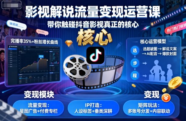 影视解说流量变现运营课,带你触碰抖音影视真正的核心-第一资源库