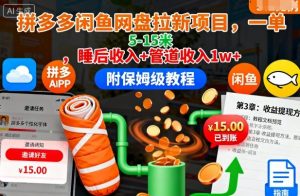拼多多闲鱼网盘拉新项目，一单5-15米，睡后收入+管道收入1w+（附保姆级教程）-第一资源库