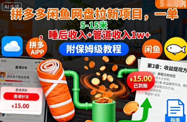 拼多多闲鱼网盘拉新项目，一单5-15米，睡后收入+管道收入1w+（附保姆级教程）-第一资源库