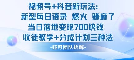 视频号加抖音新玩法：爆火新型每日语录，收徒教学加分成计划，三种变现玩法，当日变现7张-第一资源库