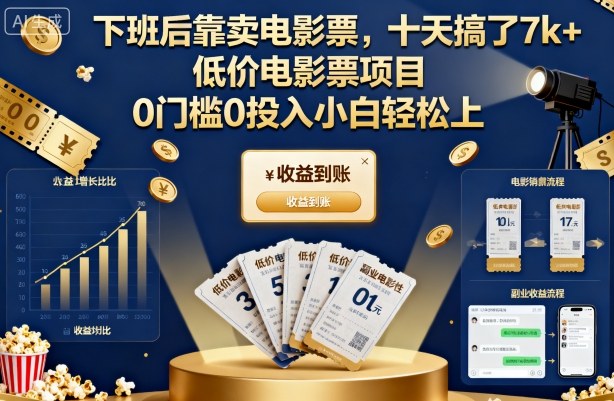 下班后靠卖电影票，十天搞了7k+，低价电影票项目，0门槛0投入小白轻松上手【揭秘】-第一资源库
