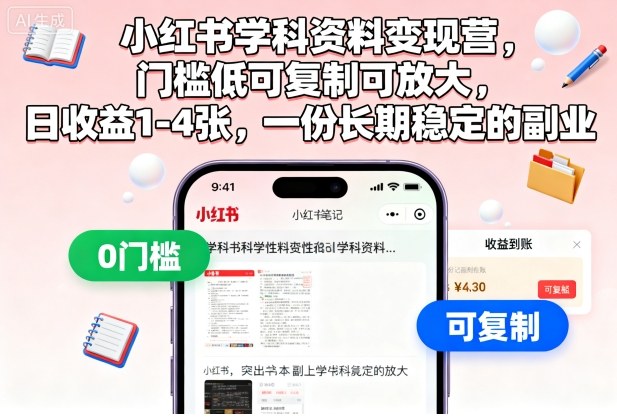 小红书学科资料变现营,门槛低可复制可放大,日收益1-4张,一份长期稳定的副业-第一资源库