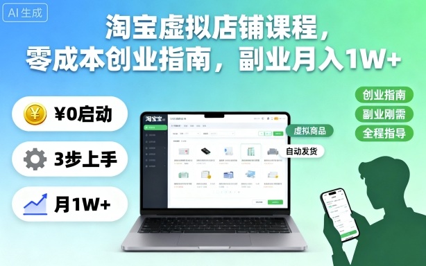 淘宝虚拟店铺课程，零成本创业指南，副业月入1W+-第一资源库