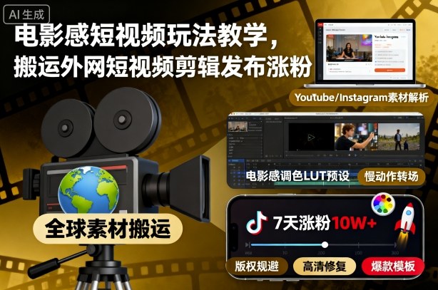 电影感短视频玩法教学，搬运外网短视频剪辑发布涨粉-第一资源库