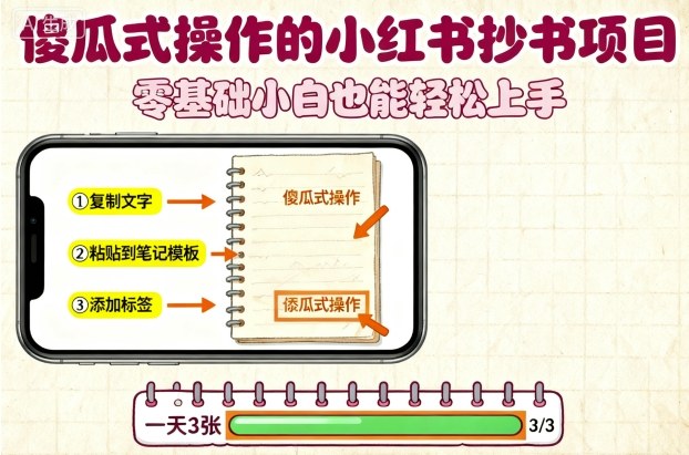 傻瓜式操作的小红书抄书项目,会复制粘贴就行,零基础小白也能一天3张-第一资源库