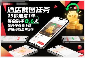 酒店截图任务，15秒速完1单，每单到手0.6米，每日任务无上限，全网首发玩法，矩阵操作单日3张【揭秘】-第一资源库