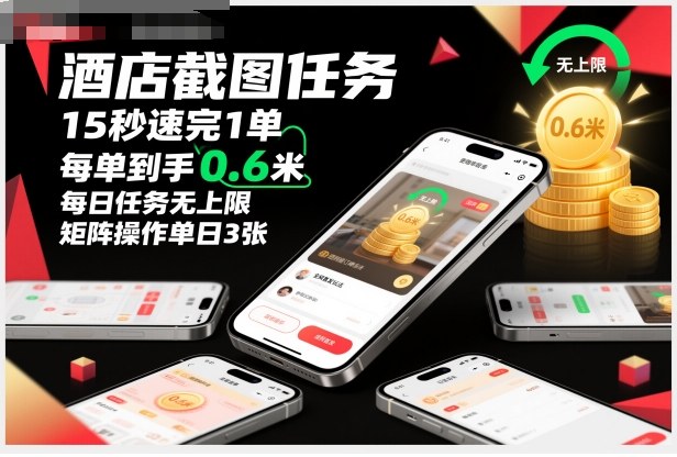 酒店截图任务，15秒速完1单，每单到手0.6米，每日任务无上限，全网首发玩法，矩阵操作单日3张【揭秘】-第一资源库
