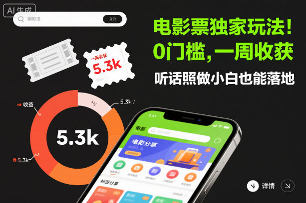 电影票独家玩法！0门槛，一周收获5.3k，听话照做小白也能落地【揭秘】-第一资源库