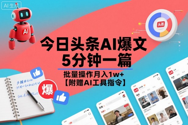 今日头条AI爆文,5分钟一篇,批量操作月入1w+【附赠AI工具指令】-第一资源库