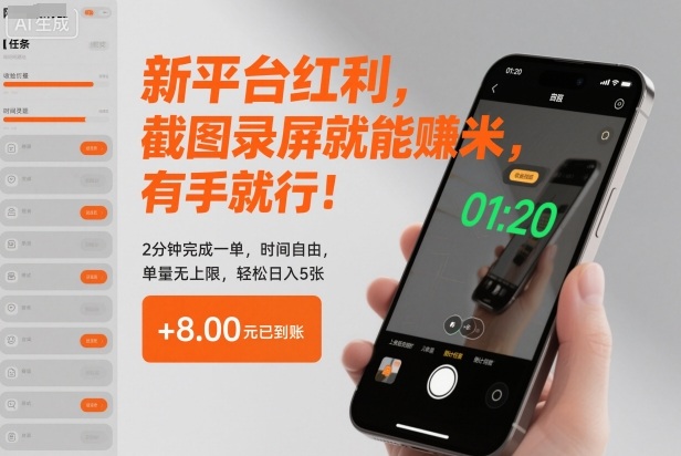 新平台红利,截图录屏就能賺米,有手就行!2分钟完成一单,时间自由,单量无上限,轻松日入5张【揭秘】-第一资源库