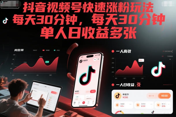 抖音视频号快速涨粉玩法，每天30分钟，单人日收益多张-第一资源库