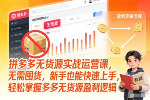 拼多多无货源实战运营课,无需囤货,新手也能快速上手,轻松掌握多多无货源盈利逻辑-第一资源库