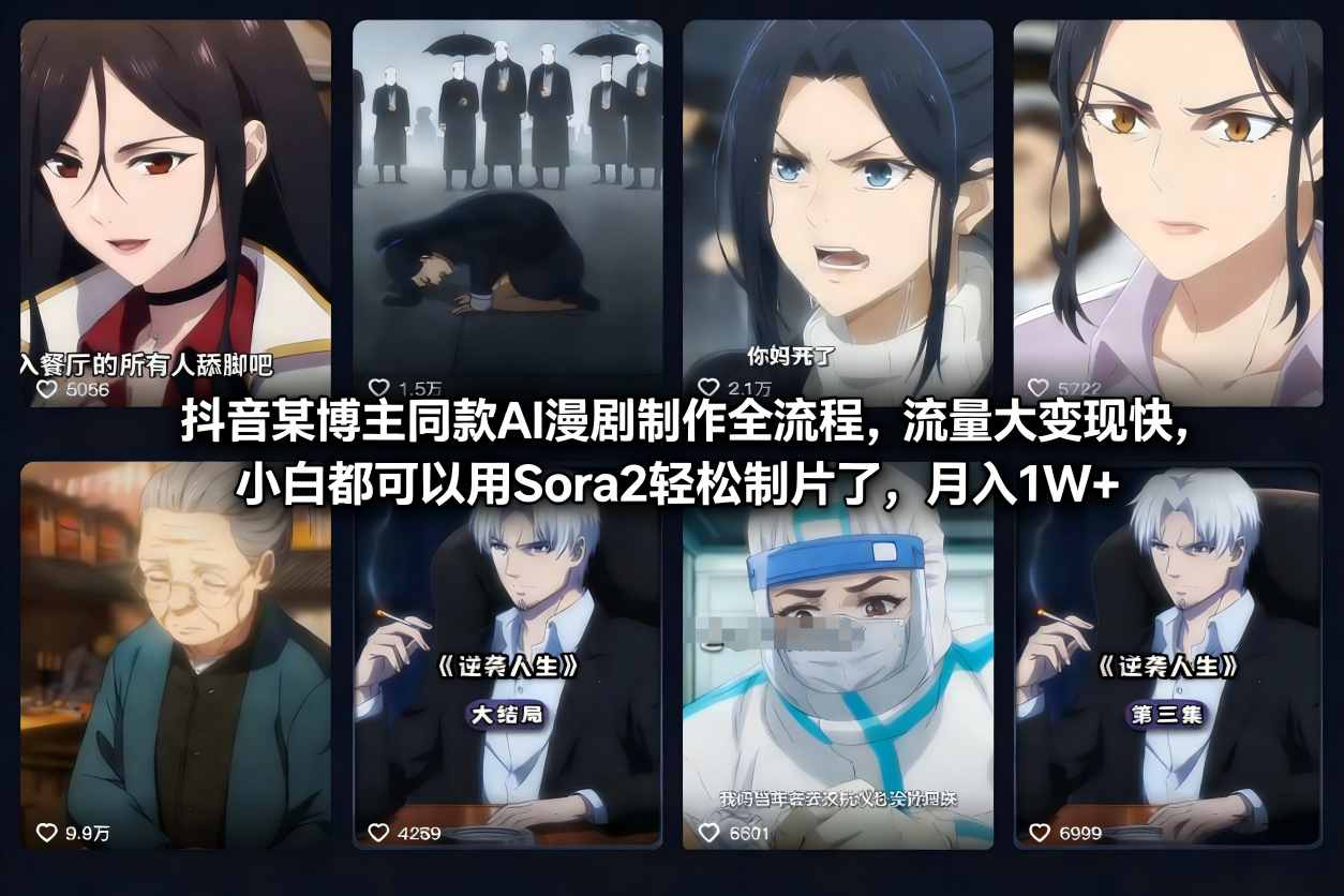抖音某博主同款AI漫剧制作全流程,流量大变现快,小白都可以用Sora2轻松制片了,月入1W+-第一资源库