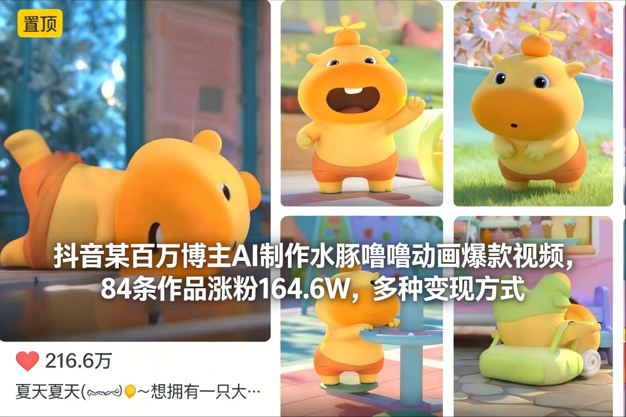 抖音某百万博主AI制作水豚噜噜动画爆款视频,84条作品涨粉164.6W,多种变现方式-第一资源库
