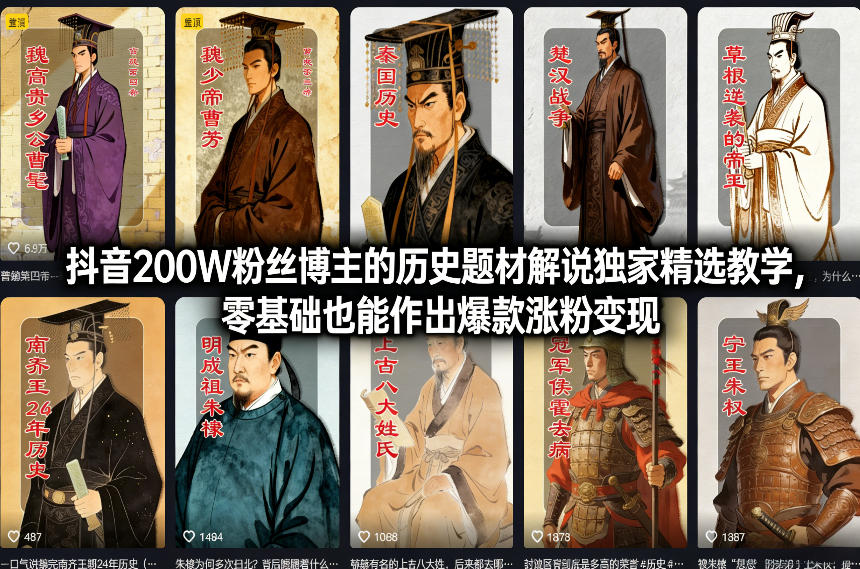 抖音200W粉丝博主的历史题材解说独家精选教学,零基础也能作出爆款涨粉变现-第一资源库