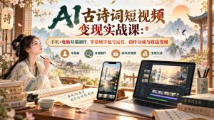 AI古诗词短视频变现实战课:手机+电脑双端制作,零基础学起号运营、创作分成与收徒变现-简知库