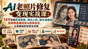 AI老照片修复变现实战课:14节掌握高清修复、黑白上色、照片动态化、短视频直播获客与接单成交,从零基础到变现全流程-简知库